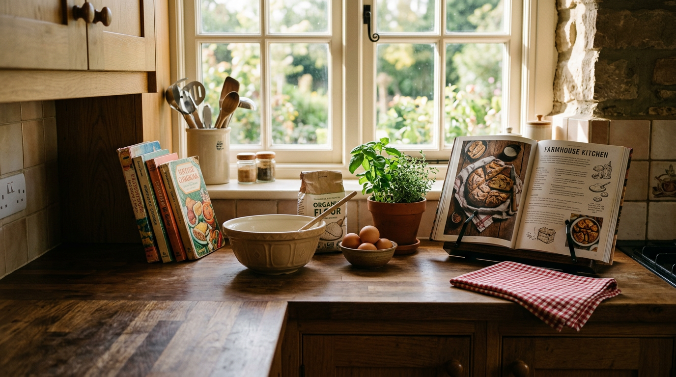 A kitchen counter by a window with vintage cookbooks, an open cookbook on a stand, a mixing bowl, eggs, herbs and a gingham towel