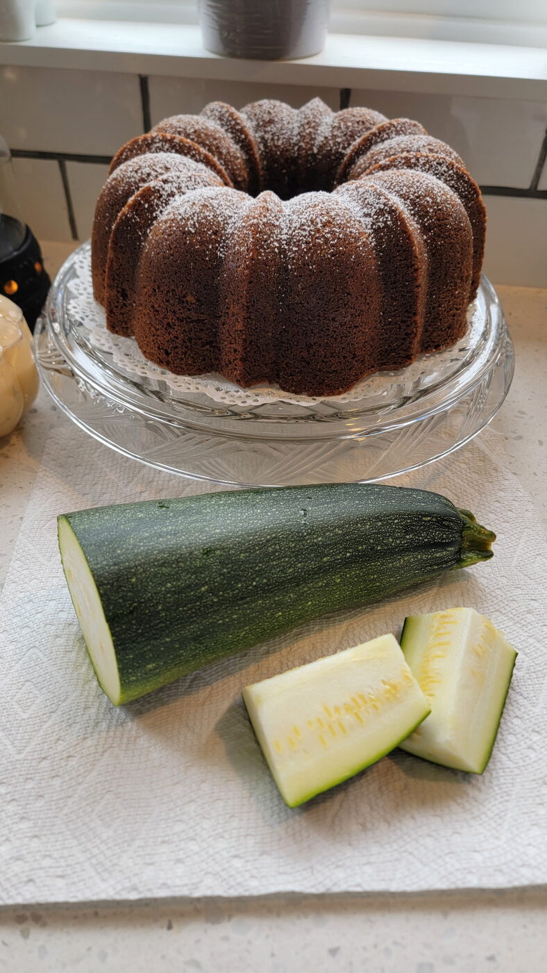 Close-up of the Bundt dusted with powdered sugar